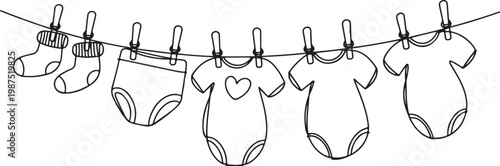 Outline Drawing of Baby Clothes Hanging on a Clothesline