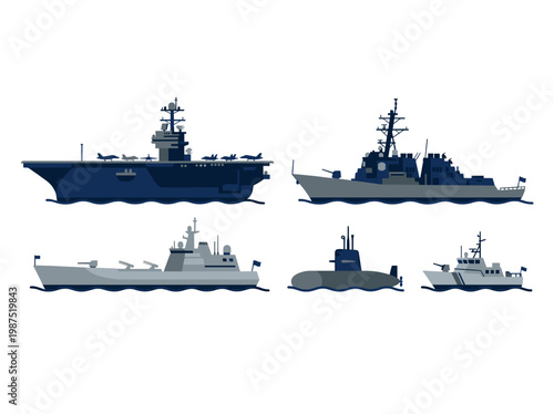 Naval ship collection featuring an aircraft carrier, destroyer, submarine and patrol ship
