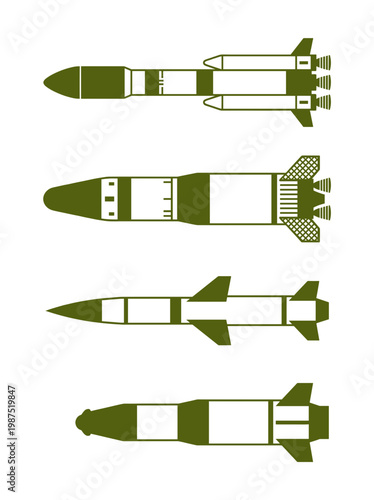 Four different rocket designs, showcasing diverse structures and intended uses. Each rocket displays a unique configuration, detailing the engineering aspects of space exploration and flight