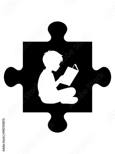 A silhouette of a child absorbed in a book, inside a black puzzle piece. The image symbolizes the pieces of knowledge and education