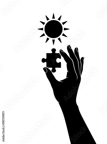 A silhouette of hand holding a puzzle piece and a sun over it. The hand appears to be connecting the puzzle piece to the sun, symbolizing problem-solving or completeness