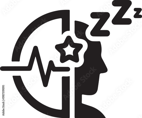 Sleep, dream, brain wave, and star vector icon, black silhouette, white background