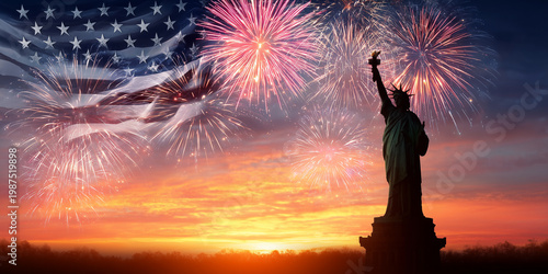 Statue of Liberty with fireworks and American flag at sunset, 4th of July Independence Day concept