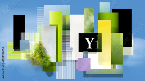 Abstract digital illustration featuring colorful geometric shapes and patterns against a blue background, with a prominent letter Y in black and green hues
