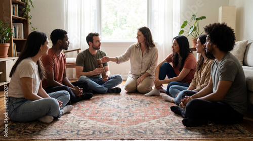 Facilitator leads seated circle discussion with diverse adults at home setting showing reflective dialogue emotional support peer sharing group therapy plus mindful communication plus trust