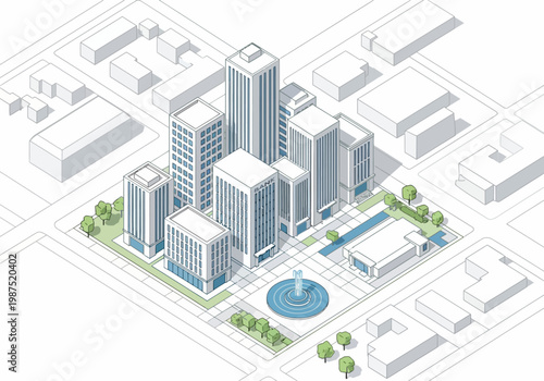 Isometric city vector illustration featuring modern buildings, greenery, and a central water fountain