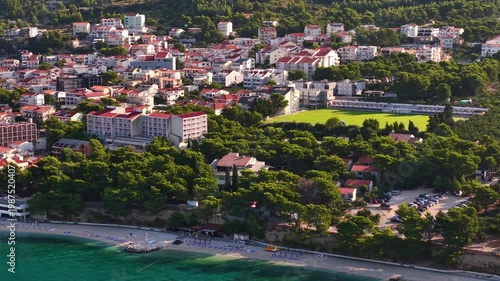 Aerial view of Makarska city and beach on the Adriatic coast, Dalmatia, Croatia