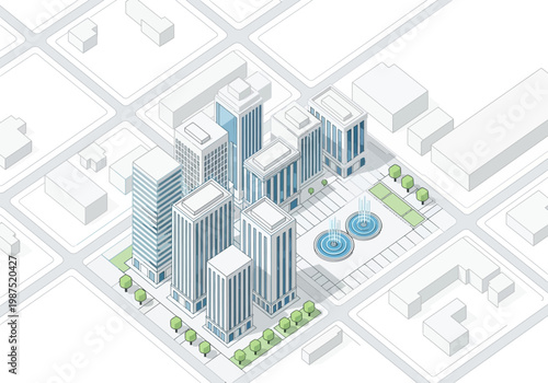 Bird's Eye Vector View of a Modern Cityscape with Office Buildings and Fountains