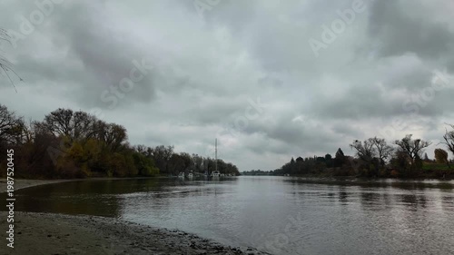 Panning down timelapse of the Sacramento river in winter