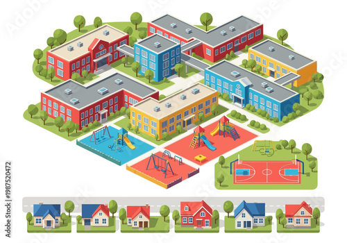 Isometric vector illustration of a school campus and residential neighborhood from a bird's eye view
