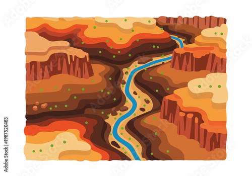 Beautiful Bird's Eye View Vector Illustration of a Grand Canyon Landscape