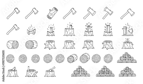 A collection of line art icons depicting woodcutting tools and logs