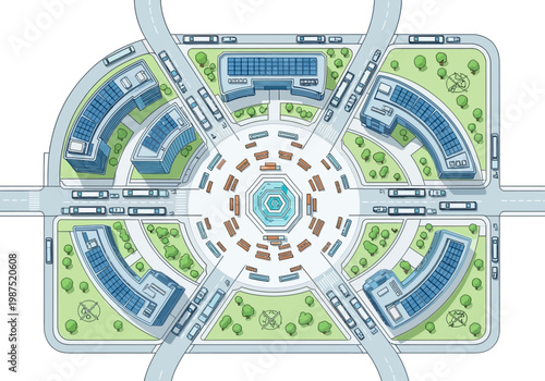 Bird's eye view vector illustration of a modern city roundabout with surrounding buildings and traffic