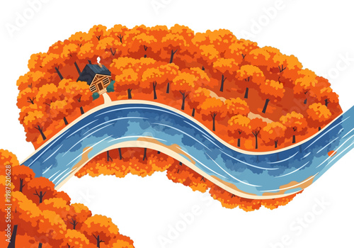 Autumnal river vector landscape with a secluded cabin in a forest of orange trees