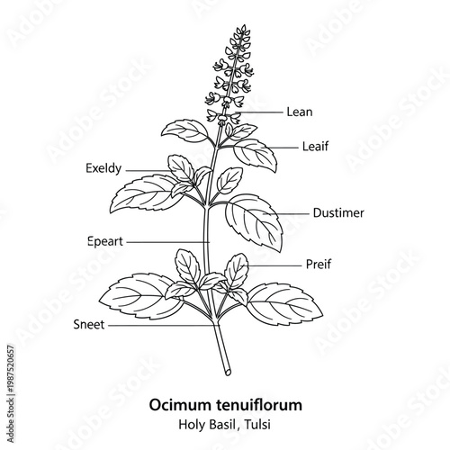 Ocimum tenuiflorum holy basil tulsi plant with leaf parts labeled illustration.