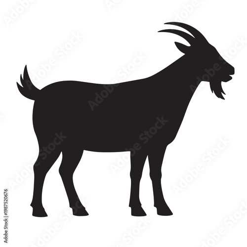Black goat silhouette vector, standing farm animal profile, minimalist livestock icon, isolated billy goat with horns and beard on white background