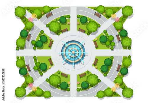 Top view park vector illustration with fountain and benches, a peaceful urban oasis