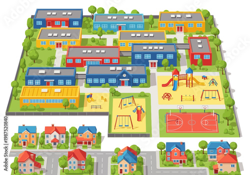 Colorful vector illustration of a suburban neighborhood with houses, schools, and parks from a bird's-eye view