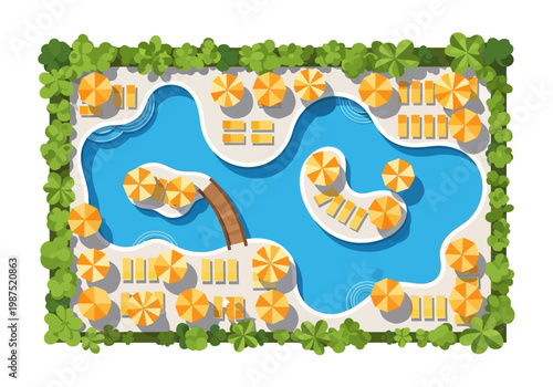 Top-down vector illustration of a resort swimming pool with lounge chairs and umbrellas from a bird's eye view