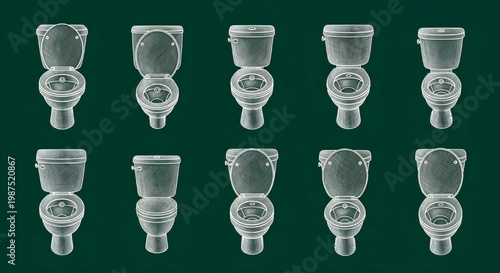 Dark Gray Toilet Commode Top View Blueprint Vector – Ash Color Bathroom Fixture AutoCAD Plumbing Layout Plan on Dark Green Background