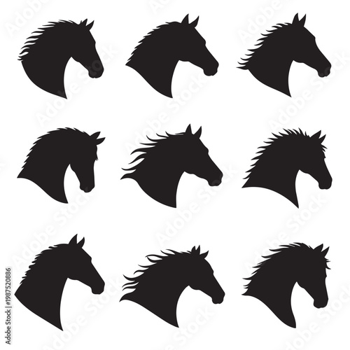 Horse head silhouette vector set, black stallion profile icons, equestrian animal head collection, 9 horse silhouettes for logo design