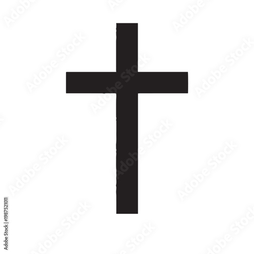 Christian cross vector icon, black religious crucifix silhouette, minimalist spiritual symbol for church and faith branding, isolated on white