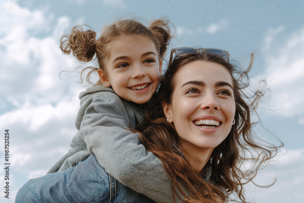 Fototapeta premium Happy mother giving piggyback ride to her little daughter outdoors against blue sky