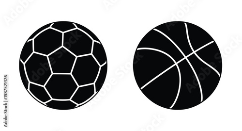 Two sports balls a soccer ball and basketball on transparent background silhouette