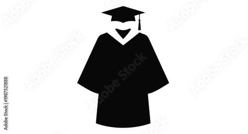 Black graduation cap and gown minimalist design on transparent background silhouette