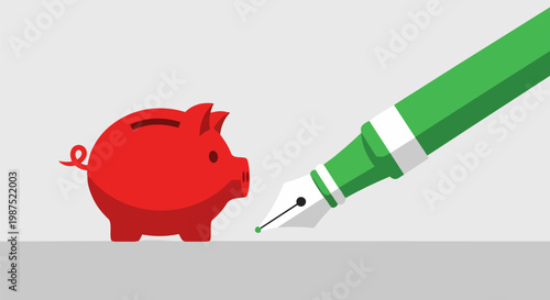 Financial planning vector illustration, red piggy bank and green fountain pen, personal finance management and budget accounting concept