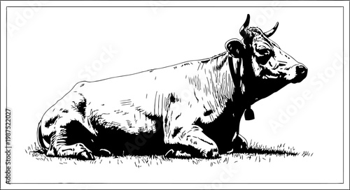 Vintage cow sketch vector, hand drawn farm animal illustration, rustic dairy cattle lying on grass, black and white livestock engraving for organic food branding