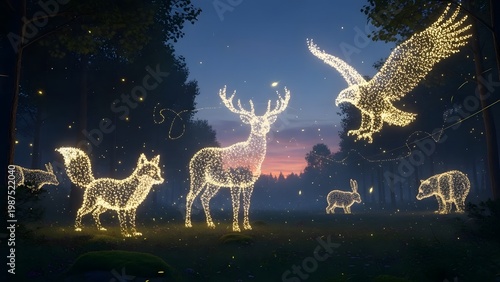 Enchanted Forest Night with Glowing Golden Particle Animals & Magic Dust
