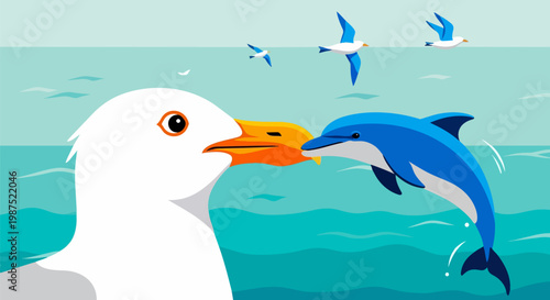 Whimsical seagull and dolphin interaction vector illustration, marine life ocean scene, coastal bird and jumping dolphin in turquoise sea