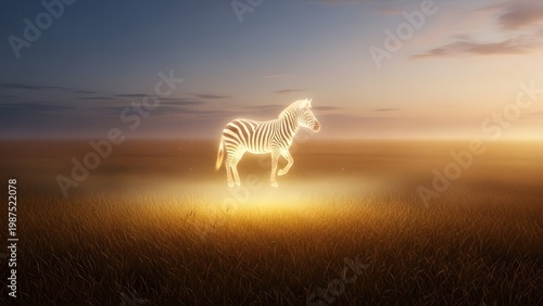Glowing zebra standing in a vast grassy field at sunset