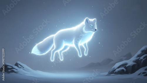 Ethereal glowing blue fox against a snowy, mystical landscape
