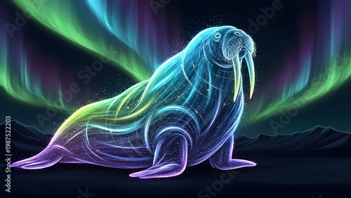 Ethereal glowing walrus under vibrant aurora borealis in an arctic night
