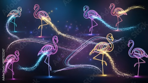 Magical flamingos with neon light trails and bokeh effect