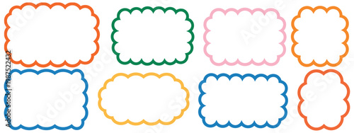 Shape, paper wavy bubble frame, cute fluffy cloud rectangle, line vector icon, abstract art simple and round label border, summer banner shape set, bubble card sun frame, decorative design elements 