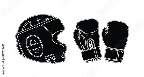 Boxing helmet and gloves graphic ideal for sports designs on transparent background silhouette