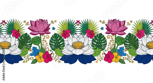 Vibrant Tropical Lotus and Hibiscus Seamless Vector Pattern Floral Design