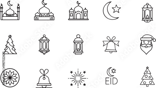 Religious Festivals Icon Set with Islamic Ramadan and Christmas Elements