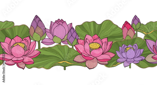 Vector Seamless Pattern with Colorful Lotus Flowers and Buds