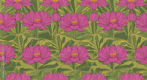 Vibrant Pink Lotus Floral Seamless Pattern in Art Nouveau Style