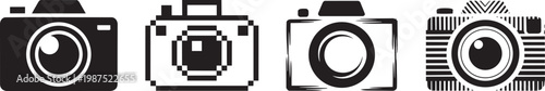 Camera icons featuring, set of 4, diverse styles like solid, pixel, brush stroke with 8 bit