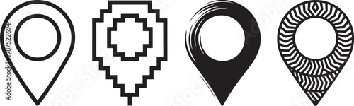 Diverse location map, set of 4, pin icons featuring outline, pixel, brush stroke with black