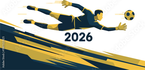 A goalkeeper dives to save a soccer ball near the year 2026 on transparent background