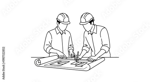 Construction professionals collaborating on blueprints minimalist line art vector EPS10