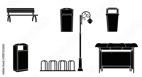 Black urban street furniture elements vector silhouettes collection EPS10