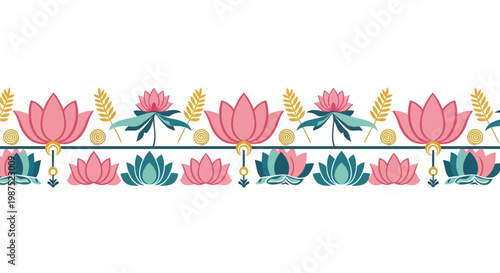 Seamless Decorative Indian Lotus Floral Border Flat Vector Pattern