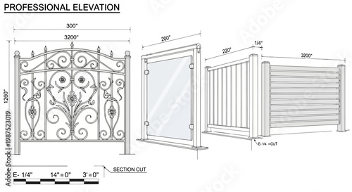 Professional technical elevation drawings of diverse fence and railing designs EPS10